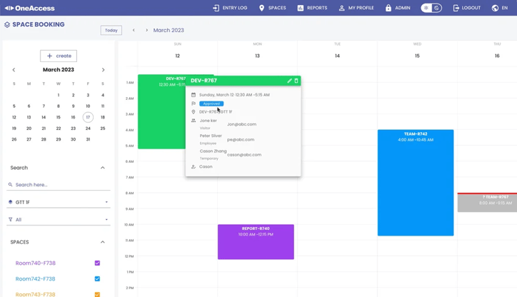 OneAccess Space Booking calendar view