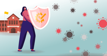 Vector graphic of woman with shield defending university against viruses