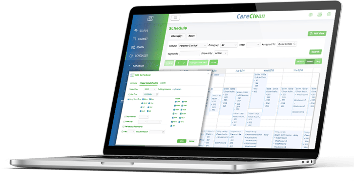 careclean's housekeeping scheduling features shown on a laptop