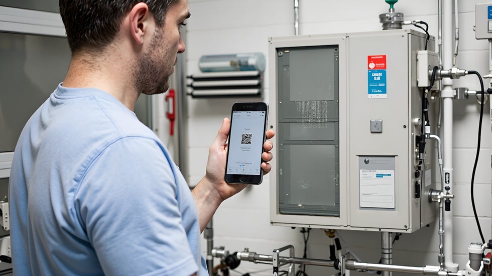 A hospital maintenance technician using a mobile maintenance management software app to scan a QR code on a healthcare HVAC unit.