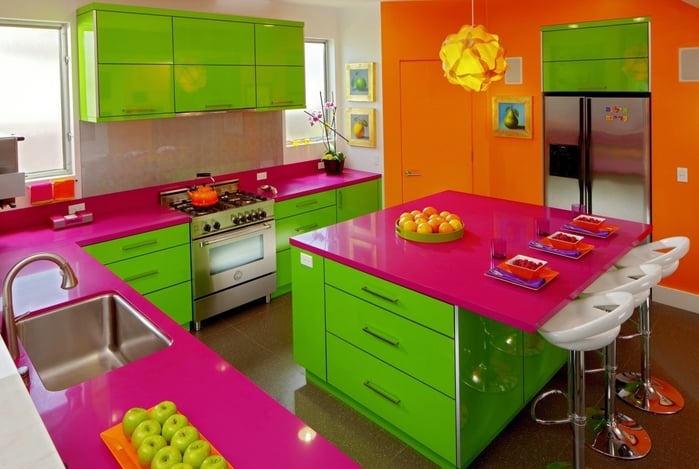 bright-accent-wall-color-scheme-of-modern-kitchen-design-displaying-l-shaped-green-lacquered-kitchen-cabinets-with-brushed-nickel-pull-handles-and-particle-board-countertop-covered-in-dark-pink-melami-1120x753.jpg